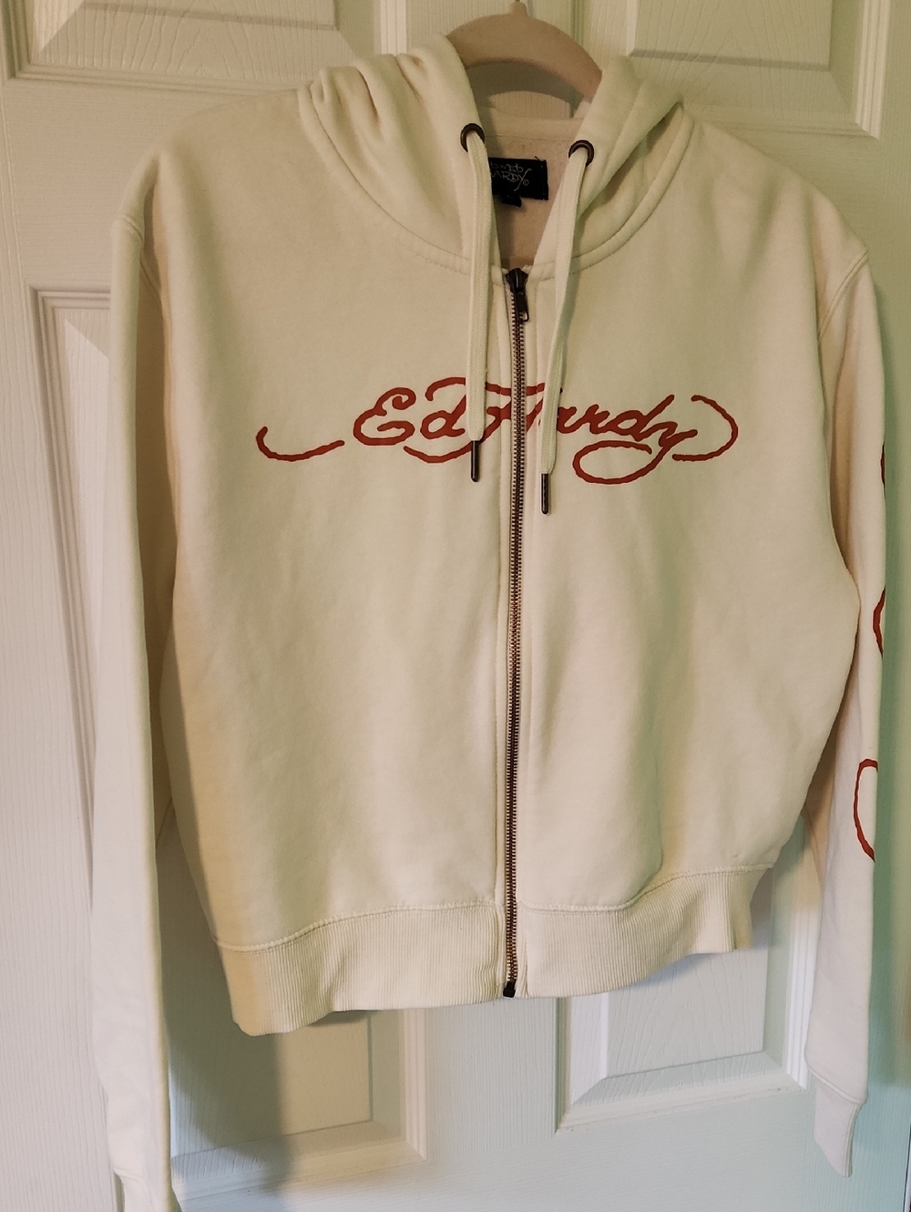 Ed Hardy Cream Hoodie with Red/Orange Script Logo- Like New